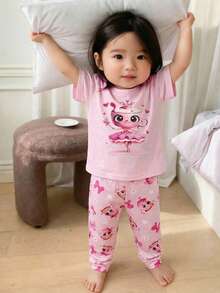 SHEIN 2件套女婴针织可爱图案圆领休闲T恤和长裤家居服套装 - 彩色 - 查看 4