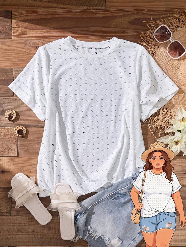Plus Size Women's Summer Casual Vacation Country Round Neck Short Sleeve Solid Color White T-Shirt Top/ Holiday,Spring Break,Vacation,Holiday,Going Out,2026 New,Simple And Fashionable For Everyday Wear,Casual Vacation Boho Top, Suitable For Summer, Vacation, Commute, Daily Wear
