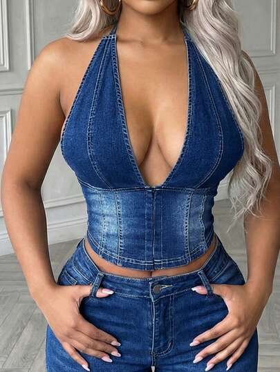 SHEIN ICON 夏季女士性感露背吊带牛仔上衣