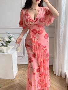 Celisse 女士V领印花弹力腰荷叶边下摆修身优雅连衣裙 - 粉色 - 查看 8