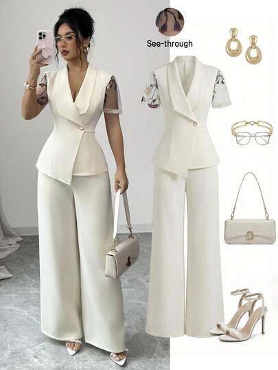 Elenzga 女士杏色领口高领设计腰带拼接网纱刺绣短袖不规则下摆上衣，搭配阔腿裤，优雅精致，适合情人节、复活节、劳动节、生日、约会、派对、正式场合、教师装、旅行、街头风、春季等各种场合。