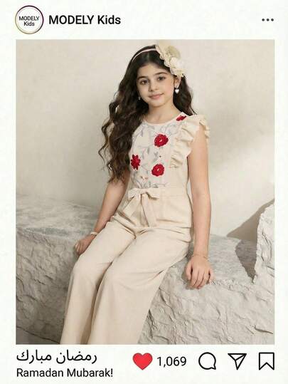 1 pieza Mono elegante de niña con estampado floral y mangas con volantes, cierre con cremallera en la espalda, pierna ancha, adecuado para uso diario, fiestas, vacaciones