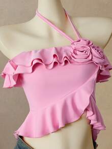 Nevyona Sexy Strapless Ruffled Floral Decor Elegant Charming Fashion Bandeau Top, Spring/Summer - Pink - View 3
