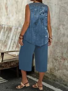 EMERY ROSE Casual Retro Floral Pattern Round Neck Vest And Loose 7/8 Pants 2 Pieces Set, Plus Size, Suitable For Summer - Multicolor - View 2