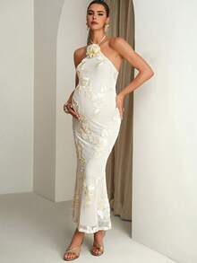 MaterniChic 孕妇优雅花卉刺绣装饰美人鱼露背吊带连衣裙，夏季 - 杏色 - 查看 5