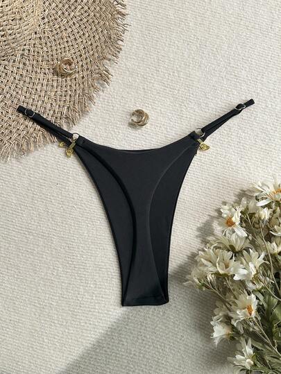 Swim Mod Women's Solid Color Adjustable Metal Decor Thong Bikini Bottom