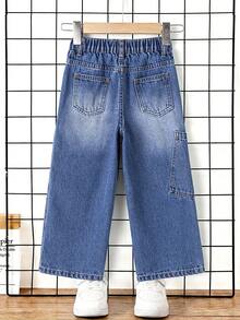 Pantalones vaqueros rectos de mezclilla azul lavada para niños pequeños - Azul - Ver 5