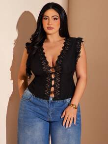 SHEIN BAE 大码女式蕾丝拼接开襟性感百搭上衣，适合约会和外出穿着 - 黑色 - 查看 4