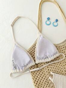 Conjunto de bikini de dos piezas para adolescentes, azul liso con textura de punto y decoración de conchas, camisola sin espalda y top triangular, traje de baño para playa y vacaciones de verano - Albaricoque - Ver 3