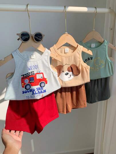 SHEIN 6件套男女宝宝休闲卡通印花撞色背心和松紧腰短裤家居服，夏季