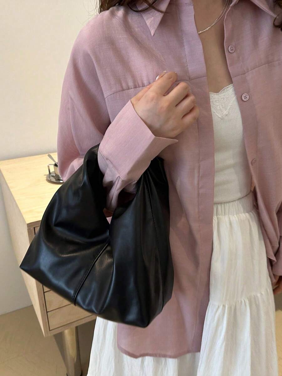 Fashionable Versatile Solid Color New PU Leather Shoulder Bag, Casual Minimalist Baguette Small Purse For Women - Black - View 1