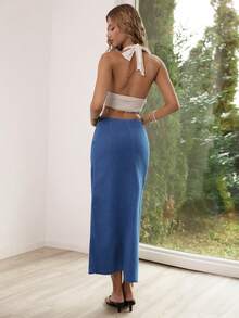 Sunnyshic 女士打结褶皱开衩设计休闲度假牛仔迷你裙 - 藍色 - 查看 2