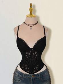 SHEIN ICON 女士修身提花蕾丝钢圈胸衣吊带背心 - 黑色 - 查看 3