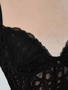 SHEIN ICON 女士修身提花蕾丝钢圈胸衣吊带背心 - 黑色 - 查看 10