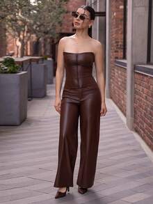 Andrea Bello Bộ 2 áo crop top và quần ống rộng bằng da PU dành cho nữ, trang phục mùa thu giản dị và gợi cảm cho nữ, quần da nâu, áo quây cho nữ, trang phục da nâu, áo nịt ngực bằng da, áo nịt ngực không dây màu nâu - màu nâu - Xem 3