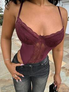 Alexandranx 性感优雅女士蕾丝拼布吊带背心紧身衣 - 紫紅色 - 查看 3