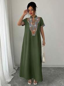 Rafferiza Contrast Color Embroidered Mandarin Collar Rhinestone Embellished Loose Long Dress For Women - Dark Green - View 5