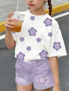 Vintage Cute Floral Pattern, Tween Girl Casual Minimalist Short Sleeve Round Neck T-Shirt And Shorts 2-Piece Set, Suitable For Spring/Summer Daily Wear, Home, School, Spring & Summer Outfits For Outing, Sets For Girls, Stylish Kids, Casual Wear, Kids Floral Graphic Clothes, Spring & Summer Fashion, Spring & Summer Clothes - Multicolor - View 5