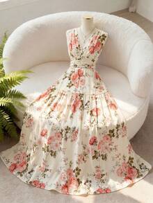 GlowEve 女士花卉褶裥中长连衣裙，浪漫法式设计，褶裥下摆，收腰设计，修身剪裁，性感V领，适合约会、派对等场合，可搭配外套，优雅休闲，适合夏季、办公室、度假穿着。 - 彩色 - 查看 1