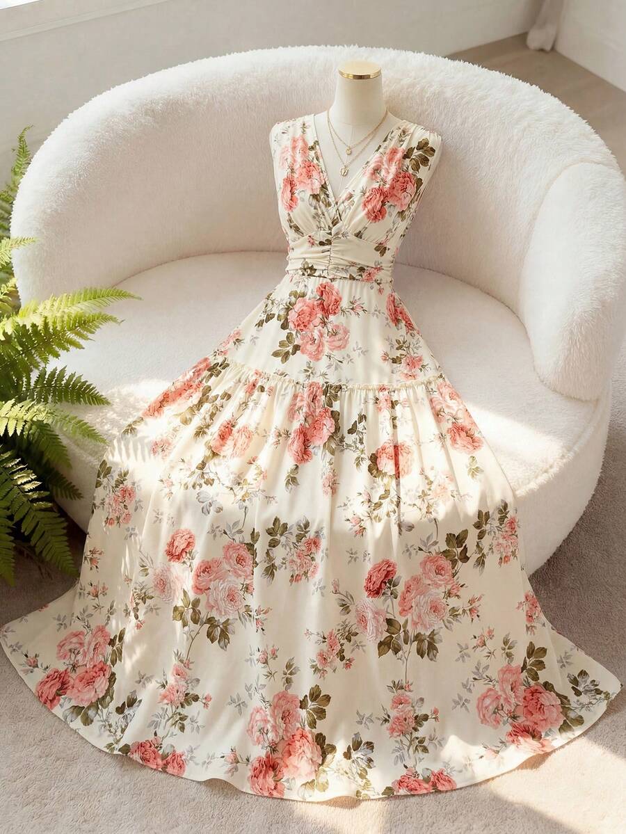 GlowEve 女士花卉褶裥中长连衣裙，浪漫法式设计，褶裥下摆，收腰设计，修身剪裁，性感V领，适合约会、派对等场合，可搭配外套，优雅休闲，适合夏季、办公室、度假穿着。 - 彩色 - 查看 1