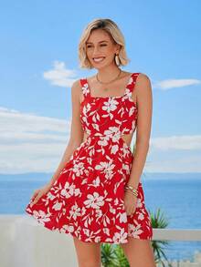 Vivid Eden 女士夏季度假风印花露背吊带露腰连衣裙，红色女装 - 紅白色 - 查看 4