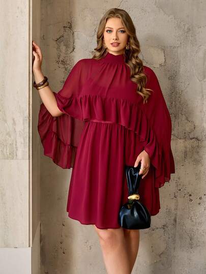 Roveilla Plus Size Women's Solid Color Sheer Chiffon High Collar Bow Tie Back Capelet With Romantic Ruffle Hem A-Line Dress, 7/8 Sleeve Faux Two Pieces Adjustable Spaghetti Strap Mini Dress Set, Elegant Vintage French Style For Office, Casual, Holiday, Afternoon Tea, Street, Minimalist All-Match, Spring/Summer New Arrival