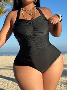 Swim Chiccia Plus Size Black Ruched Bandeau Halter Sleeveless One-Piece Swimsuit - Black - View 1