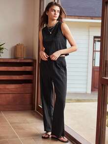 Lullawish Women Solid Color Backless Camisole And Pants Pajama Set - Black - View 5