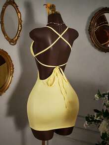 SaltGleam SaltGleam Sexy Hollow Cross Backless Strap Summer Vacation Slip Dress - Yellow - View 2