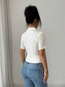 Elenzga Women's Textured Fabric Elegant Blouse, Suitable For Dates, Afternoon Tea, Graduation, Commuting - Apricot - View 2