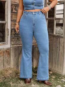 Breezaya Plus Size Women's Fashion Resort Style Single-Breasted Vest And Flare Leg Jeans 2 Pieces Set - Medium Wash - View 8