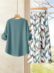 Rusticease Casual Elegant Green Long Sleeve Shirt Paired With Green Abstract Geometric Print Loose Pants, 2 Pieces Set Suitable For Spring/Summer - Khaki - View 2