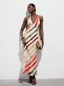 Aveloria Modichic Tie Dye Gradient Chiffon Print Halter Neck Backless Tie Maxi Dress, Minimalist Elegant Vacation Versatile Summer Party Dress - Multicolor - View 6