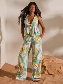 Opulessa Women's Chiffon Printed Halter Top & Loose Straight Leg Pants 2 Pieces Set, Spring/Summer Vacation - Green - View 4