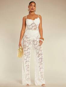 Silquee Bộ áo liền quần nữ màu trơn phối ren, chất liệu xuyên thấu. - trắng - Xem 3