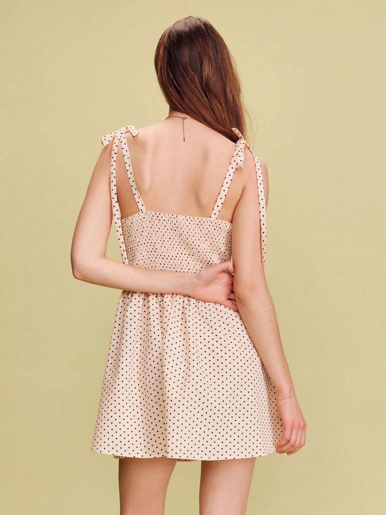 Polka Dot A-Line Mini Dress With Scallop Neckline And Tie Back Strap Detail Vintage Style Spring Spring Summer French Style Parisian Style Vacation Dress Resort Dress Holiday Dress Wedding Guest Dress
