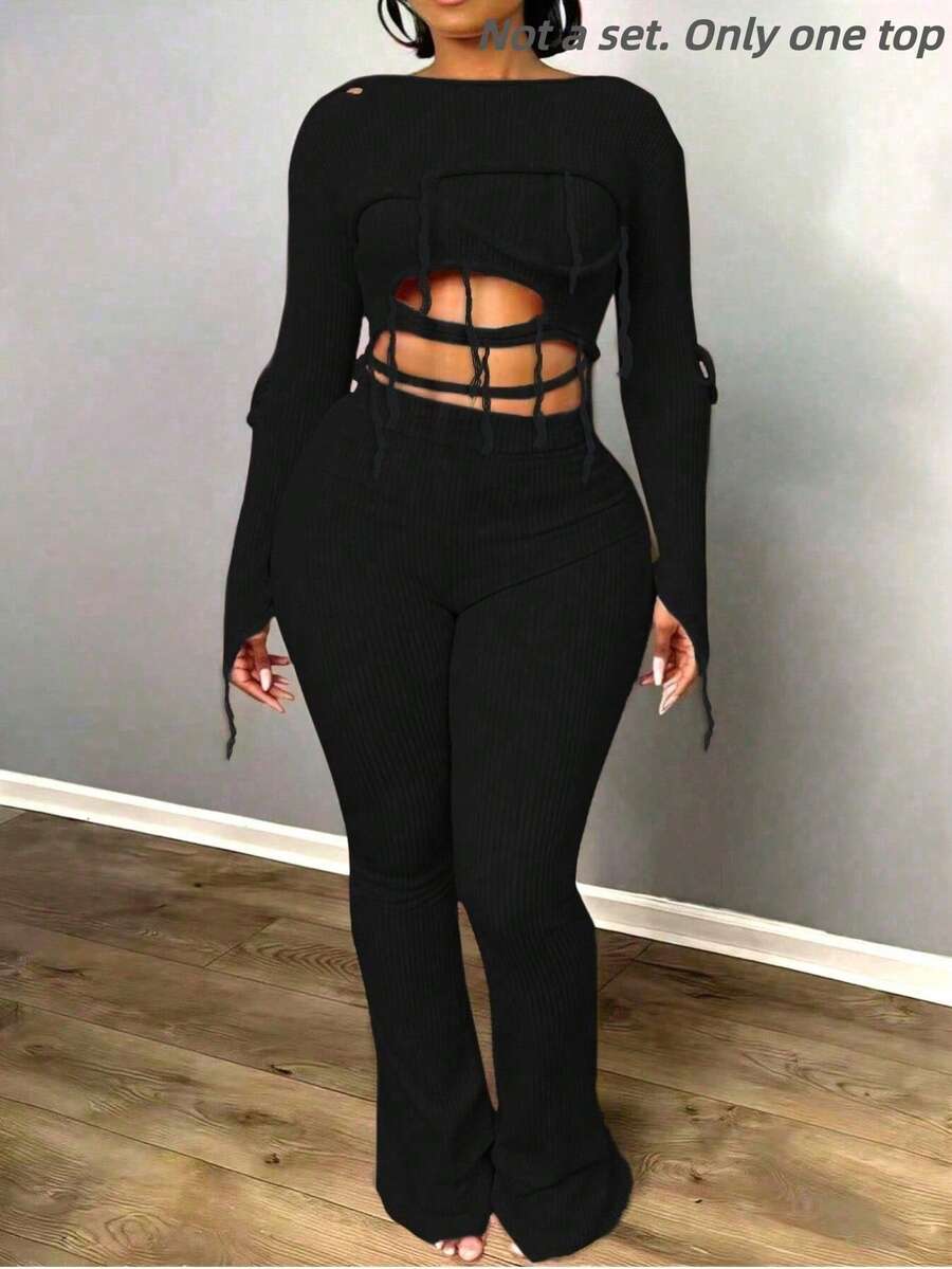 BamGleam Women's Sweater Knitted Long Sleeved One Neck Pink Hollow Tassel Truncated Slim Fit Regular Style Casual Travel Vacation Party Women's Clothing Spring And Autumn Summer Winter Autumn(Excluding Pants) - Black - View 1