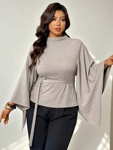 Auralis 新款柔软舒适加大码斗篷上衣/宽松优雅通勤休闲舒适法式风家居/办公斗篷，腰部系带可调节，适合春、秋、四季穿着/舒适宽松加大码披肩上衣/围巾式设计，腰部可调节，下摆收紧/适合因天气原因在办公室穿着。蝙蝠袖上衣、灯笼袖上衣、喇叭袖上衣、蝴蝶袖上衣，春夏女装上衣 - 卡其色 - 查看 1