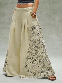 Bohemela Boho Countryside Vacation Women's Casual Wide Leg Printed Straight Leg Jeans - Khaki - View 3