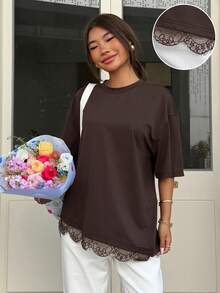 Muchica Women's Spring/Summer New Lace Trim T-Shirt - Brown - View 4