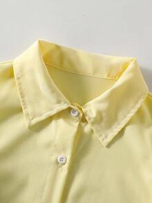 SHEIN Classic And Fashionable Elegant Woven Fabric Shirt For Girls With Special Decorative Flowers On The Sleeves, Eye-Catching Embellishment, Loose And Comfortable Fit, Suitable For Daily Commuting, Outdoor Play, And Wearing For Gatherings And Photo Shoots In Summer - Yellow - View 5