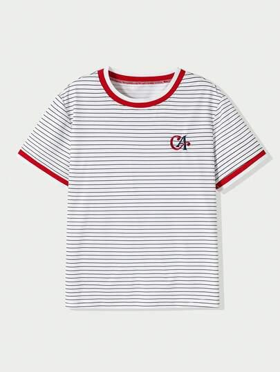 Casuvi Kids 少女休闲都市风蓝白红条纹字母刺绣圆领短袖T恤，宽松舒适，百搭实用，适合春、夏、秋季日常穿着，也适合生日派对、校园活动、家庭聚会、正式场合等场合。