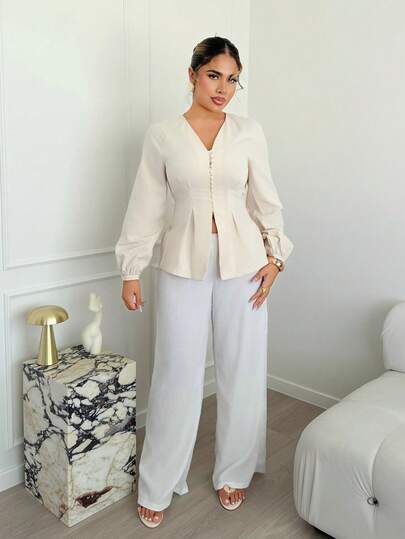 Maria Perezxox Elegant Solid Color Waist Cinching Shirt, Autumn New Arrival Winter ,Fall,Fall Clothes For Women Casual Spring