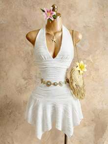 Zolique Choleric Shoulder Neckline Asymmetric Metal Accessories Dress - White - View 4