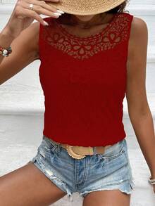Breezaya 度假休闲纯色蕾丝拼接无袖衬衫 - 紅色 - 查看 4