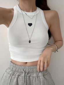 DAZY 女士心形刺绣圆领修身夏季基础款吊带露脐上衣 - 白色 - 查看 3