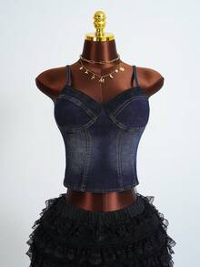 Amplova Women's Casual Washed Cropped Denim Camisole Top, Summer - Dark Wash - View 3