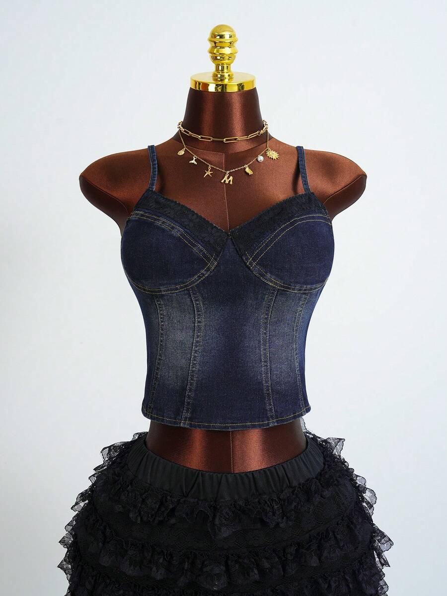 Amplova Women's Casual Washed Cropped Denim Camisole Top, Summer Summer Tops Spring Clothes Women Festival Top Party Top Beach Outfits Going Out Tops Going Out Outfits Vacation Outfits Women Casual Top For Women Denim Corset Top For Women Strapless Bustier Washed Jean Camisole Tank Top - Dark Wash - View 1