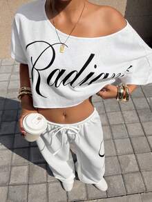 Muchica 女士休闲字母印花套装 - 白色 - 查看 8