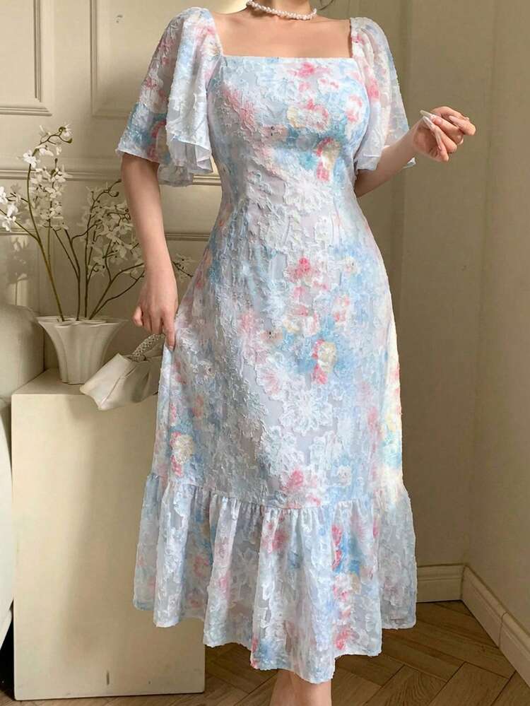 Women's Elegant Floral Print Ruffle Hem Dress, Summer Sundress Boho